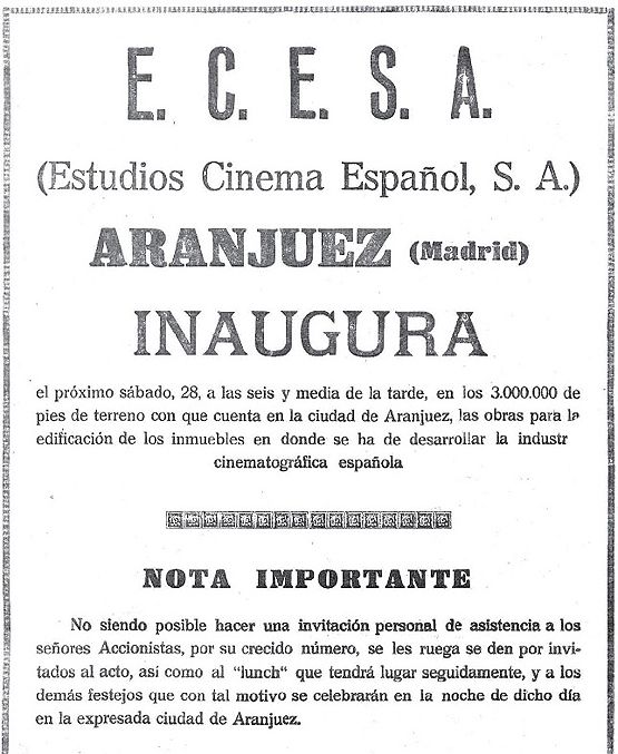 Invitación para acudir a la inauguración de los estudios E.C.E.S.A. de Aranjuez (historias-matritenses.blogspot.com.es)
