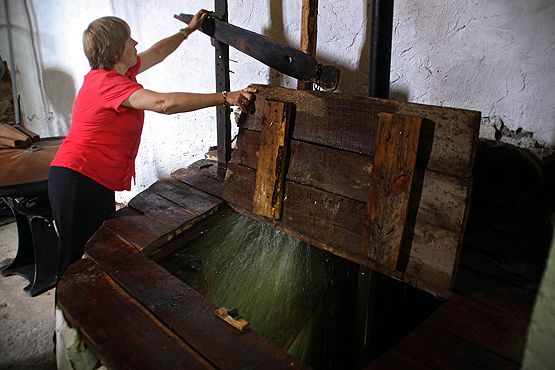 La alcaldesa de Sosas de Laciana, Albertina Álvarez, muestra la maquinaria hidráulica que hace funcionar la lechería tradicional del pueblo