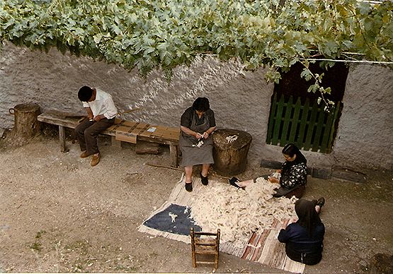 Lugareños trabajando la lana