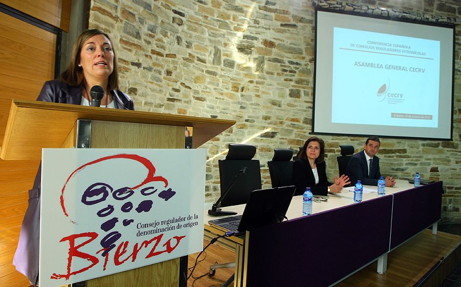 La consejera de Agricultura y Ganadería, Milagros Marcos, durante la clausura la Asamblea de la Conferencia Española de Consejos Reguladores Vitivinícolas que se celebra en Cacabelos