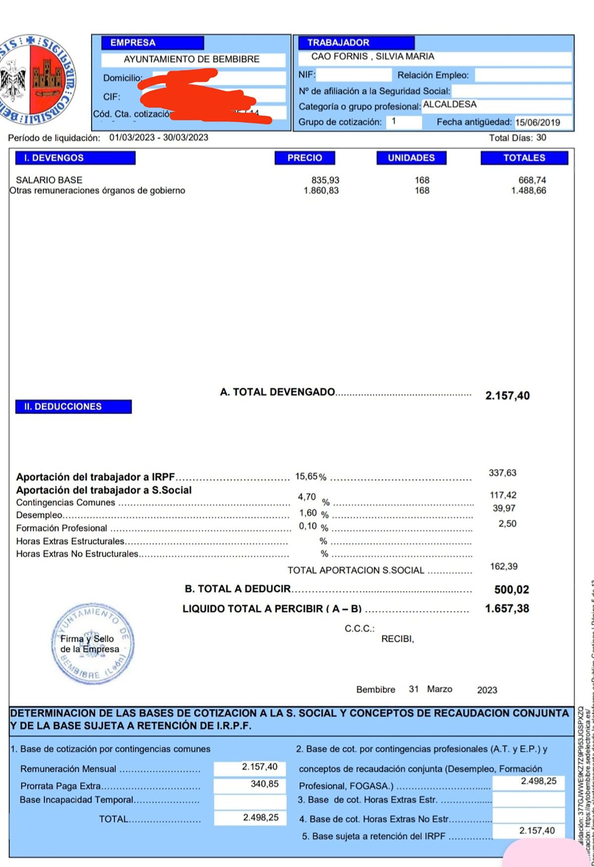 Nómina de marzo de Silvia Cao, actual alcaldesa de Bembibre, aportada como prueba Nómina de marzo de Silvia Cao, actual alcaldesa de Bembibre, aportada como prueba