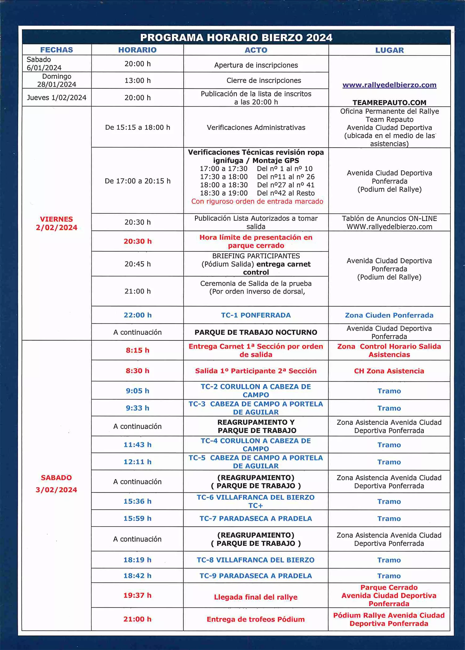 Horarios Rallye del Bierzo Horarios Rallye del Bierzo