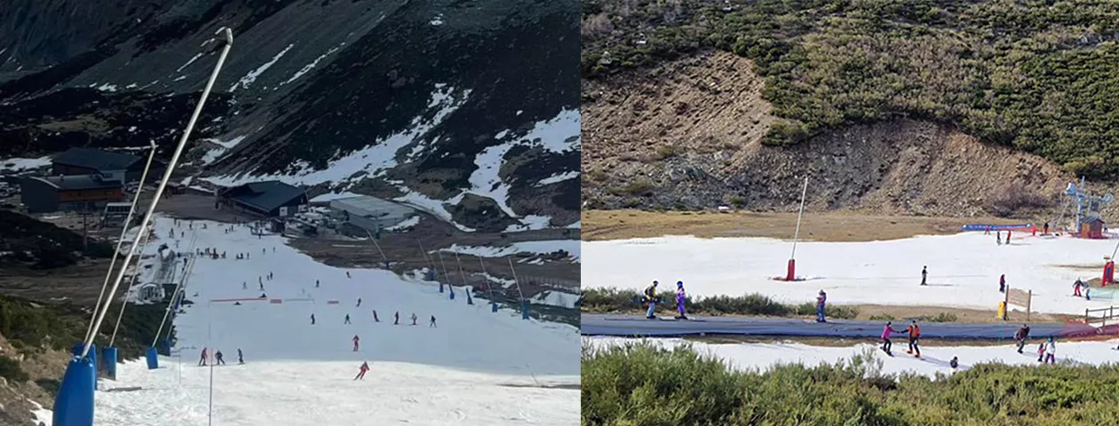 La preocupante imagen de la nieve artificial en las pistas de esquí de San Isidro y Leitariegos en pleno enero