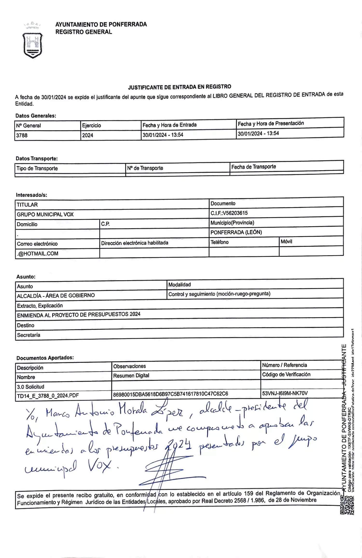 Decreto firmado por Morala que acepta las 12 enmiendas de VOX Ponferrada y sus concejalías