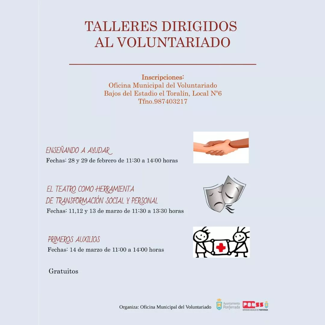 El Ayuntamiento de Ponferrada fomenta la solidaridad con tres cursos de voluntariado gratuitos El Ayuntamiento de Ponferrada fomenta la solidaridad con tres cursos de voluntariado gratuitos