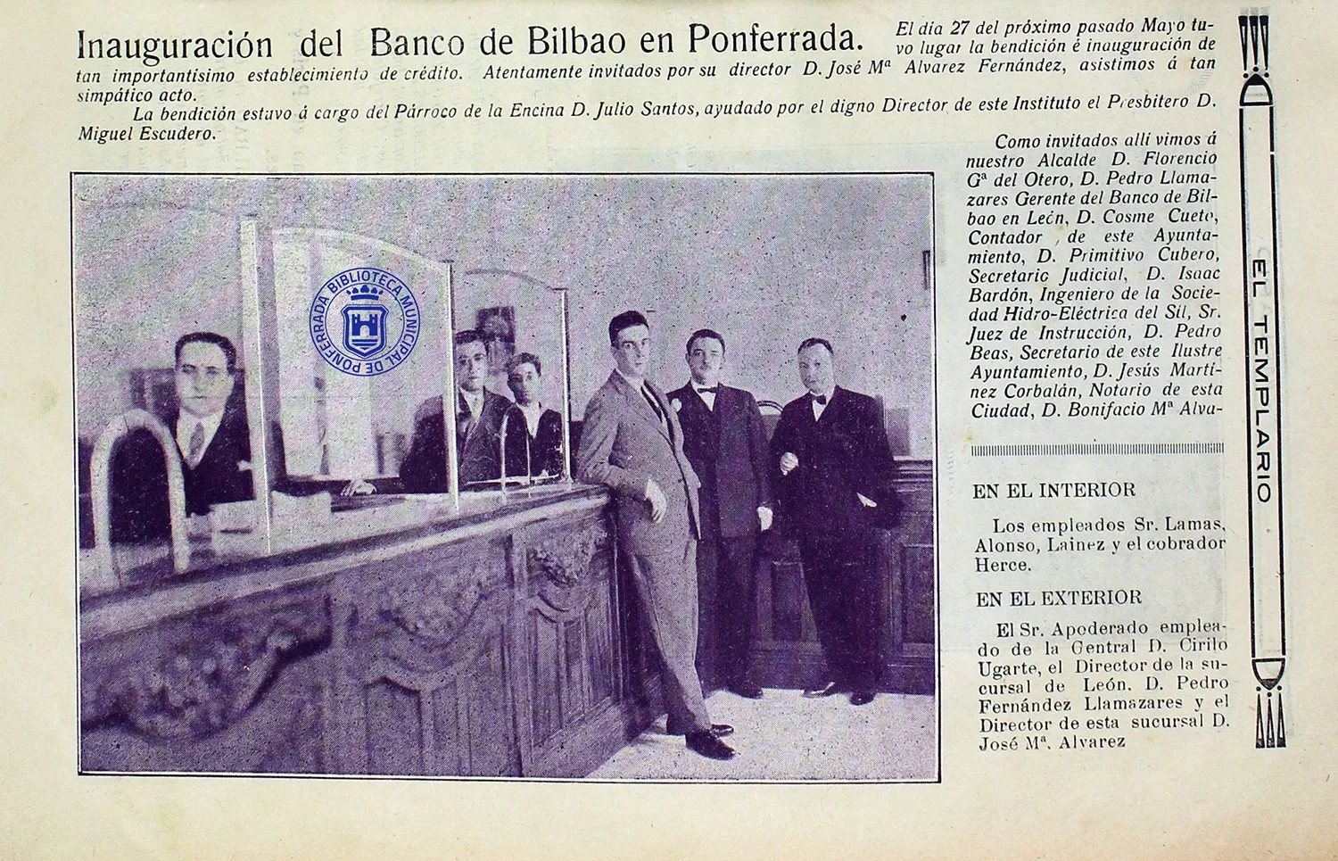 La biblioteca de Ponferrada 'desempolva' la inauguración del Banco de Bilbao en 1929