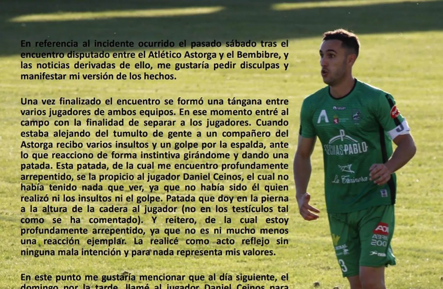 El jugador de Atlético Astorga Diego Herrador se disculpa por el incidente tras el partido contra el Atlético Bembibre