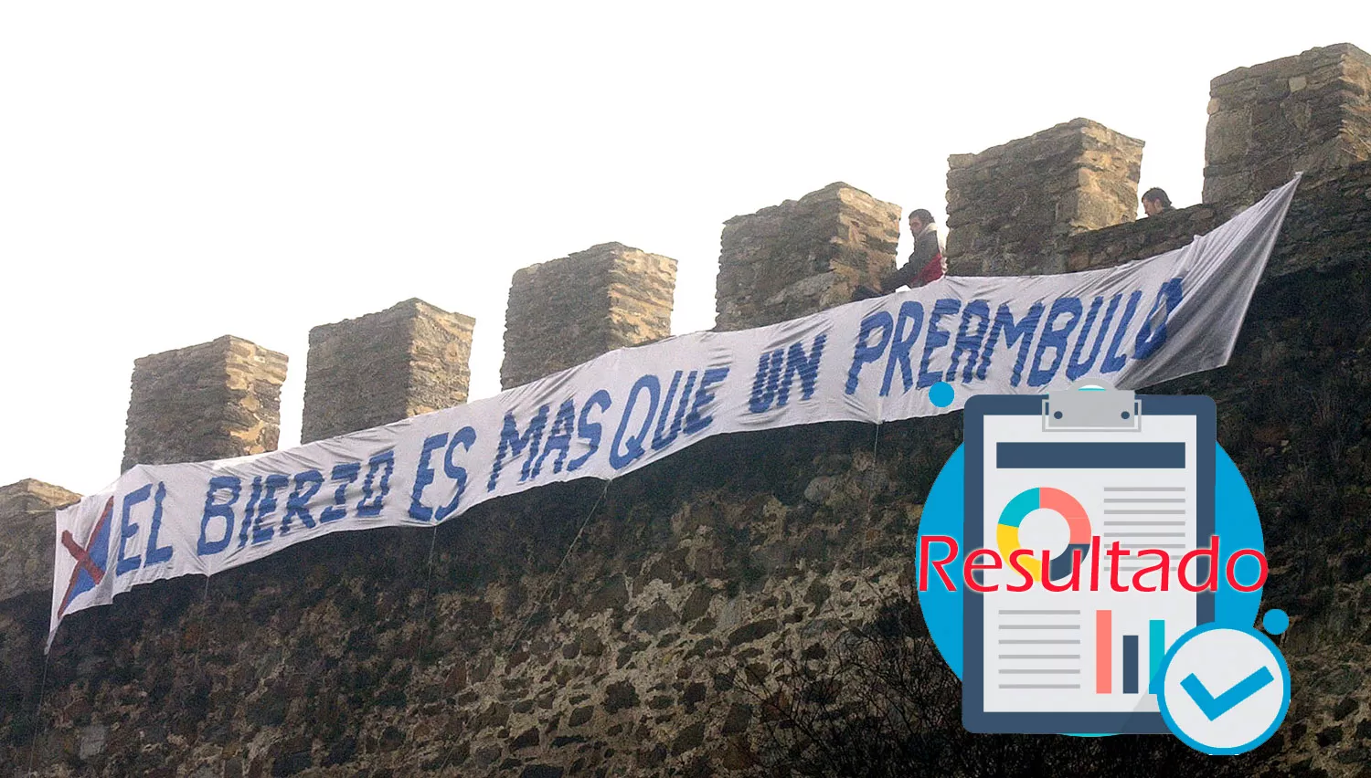 López / ICAL . Miembros del Partido de El Bierzo despliegan pancartas en el castillo de los Templarios de Ponferrada en contra del preámbulo referente a la comarca de El Bierzo, inscrito en la reforma del Estatuto de la Autonomía de Castilla y León