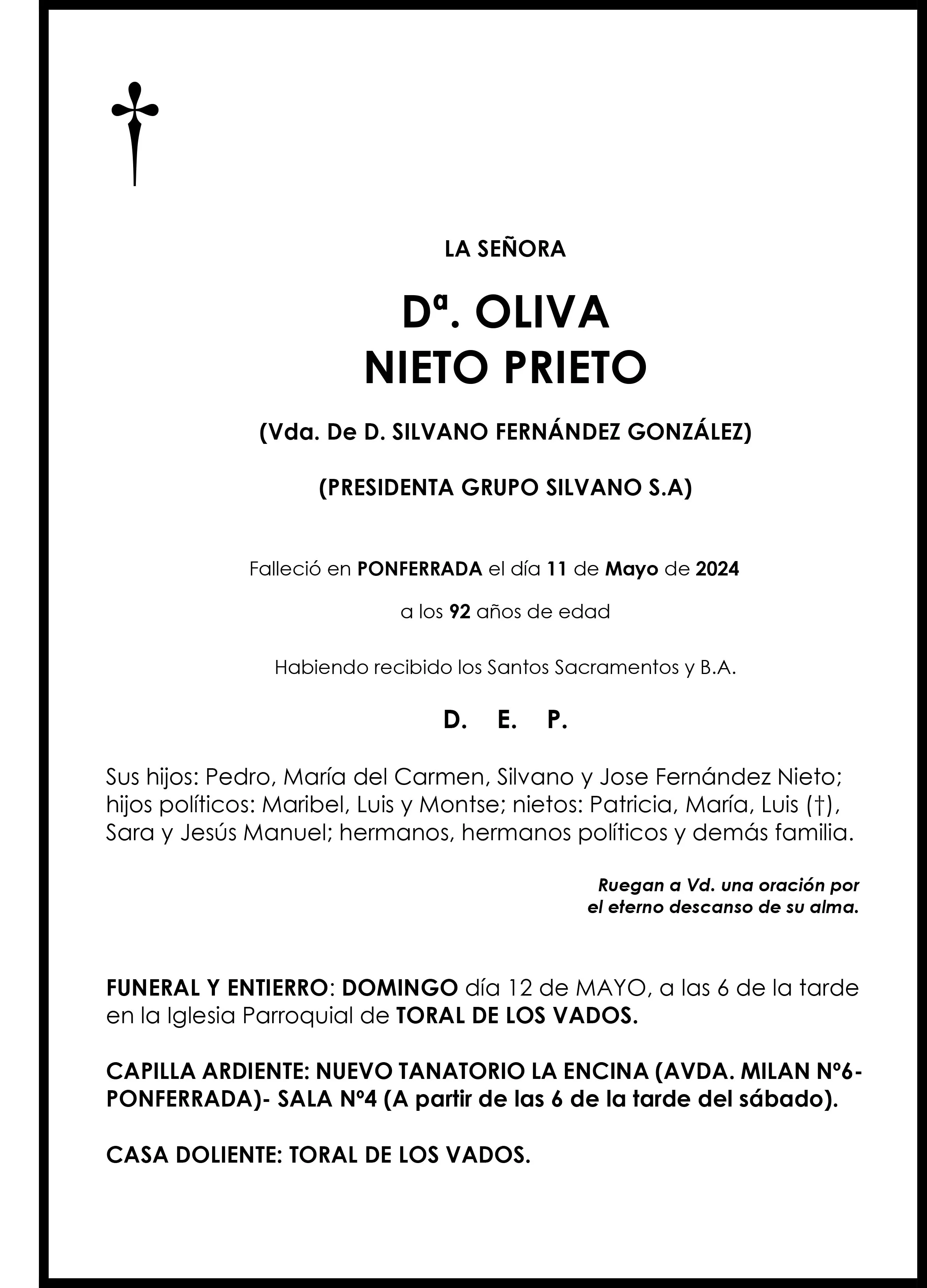 ESQUELA DE OLIVIA NIETO PRIETO ESQUELA DE OLIVIA NIETO PRIETO