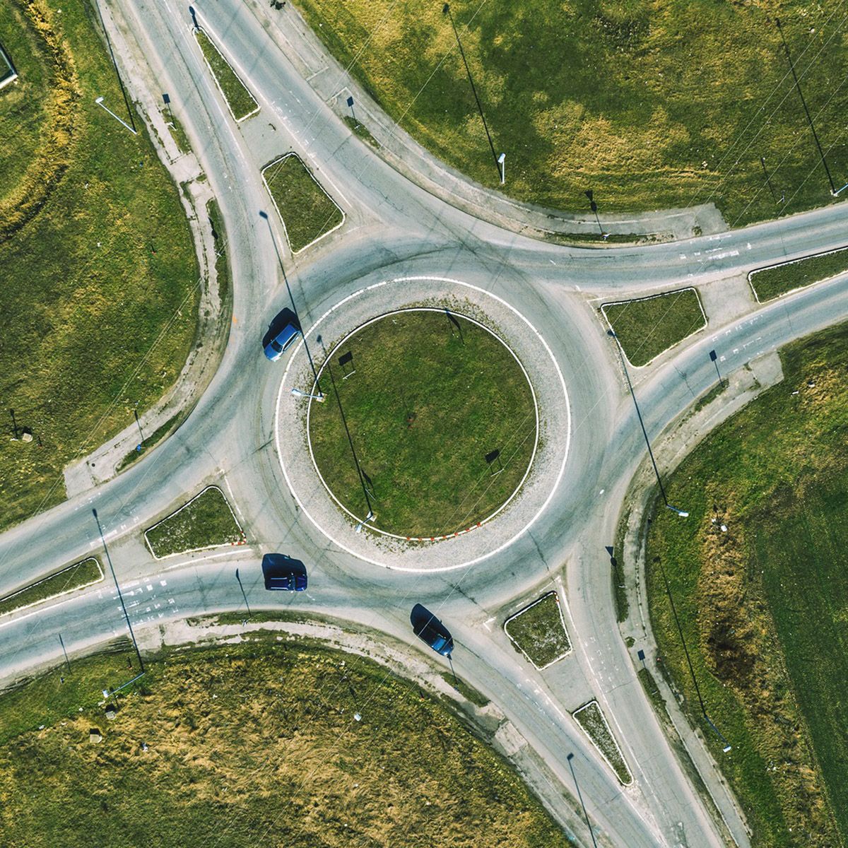 Aerial View Of Traffic Circle Roundabout Road Junction, Top View