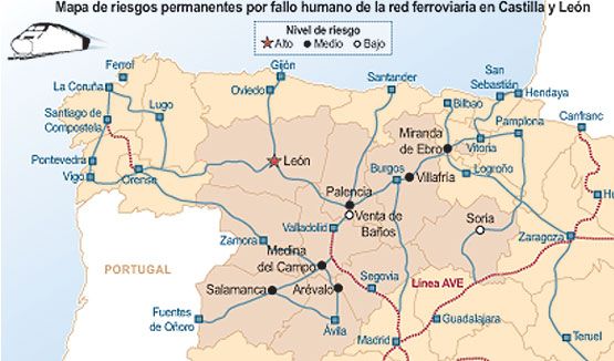  Mapa de riesgos permanentes por fallo humano de la red ferroviaria en Castilla y León (F. S. / ICAL)