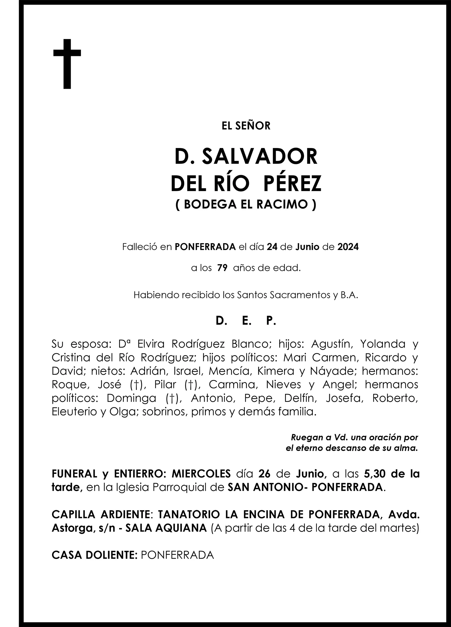 Esquela de Salvador del Río Pérez (Bodega El Racimo) Esquela de Salvador del Río Pérez (Bodega El Racimo)