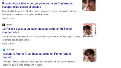 Capturas de las noticias de medios nacionales sobre la desaparición del dueño de la peluquería Fabrik de Ponferrada