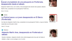 Capturas de las noticias de medios nacionales sobre la desaparición del dueño de la peluquería Fabrik de Ponferrada