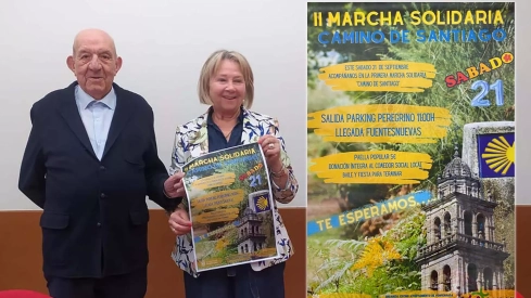 Mari Crespo, Concejala de Mayores y Participación Ciudadana, junto a Fernando Fra, administrador del Hogar del Transeúnte y Cartel de la II Marcha Solidaria Camino de Santiago