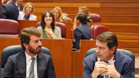 Juan García-Gallardo, portavoz de Vox en las Cortes, junto al presidente de la Junta de Castilla y León, Alfonso Fernández Mañueco