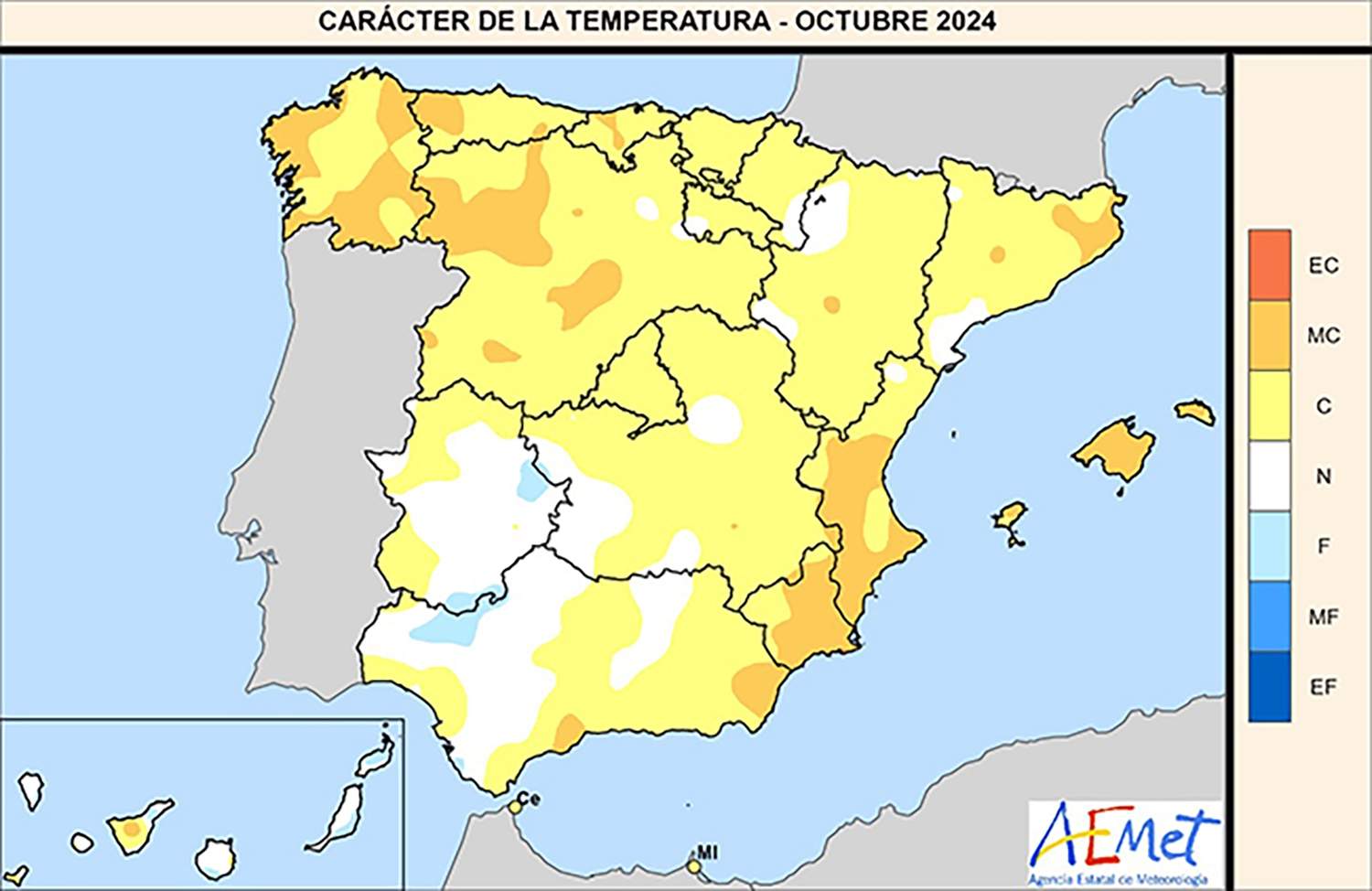 Mapa de las temperaturas en octubre de la AEMET