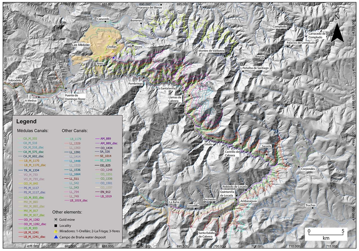 Mapa canales romanos de Las Médulas