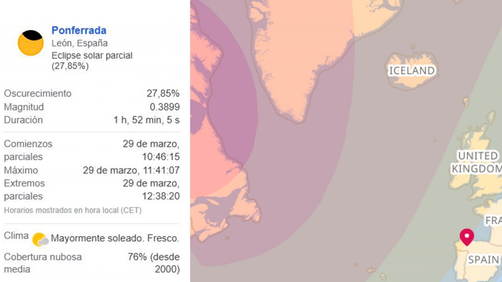 Mapa del eclipse parcial en Ponferrada