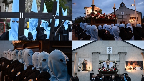 El Cristo de la Redención sortea la lluvia por las calles de La Placa entre 'puchos' y verdugos azules en la Semana Santa de Ponferrada
