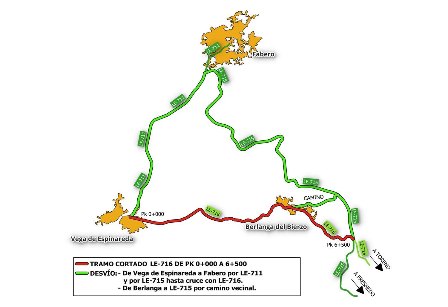 Fomento corta el tráfico en la carretera LE-716 de Vega de Espinareda al cruce con LE-715 de Toreno por obras de renovación