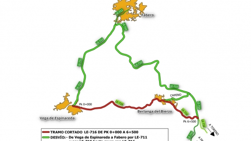 Fomento corta el tráfico en la carretera LE-716 de Vega de Espinareda al cruce con LE-715 de Toreno por obras de renovación