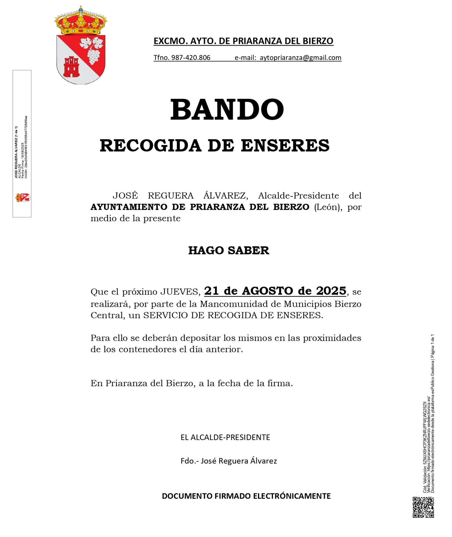 Recogida en enseres en Priaranza del Bierzo