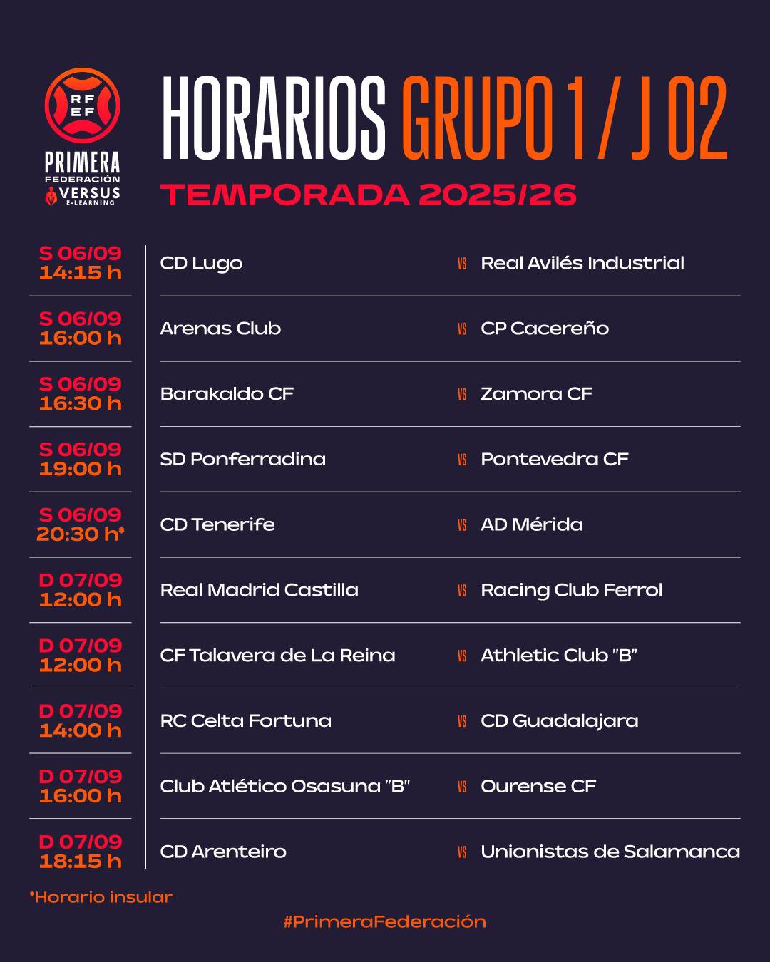 Horarios de la segunda jornada de la temporada Horarios de la segunda jornada de la temporada