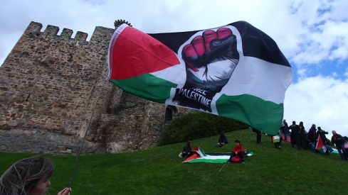Manifestantes se concentran frente al Castillo de los Templarios contra el genocidio en Gaza durante La Vuelta (11)