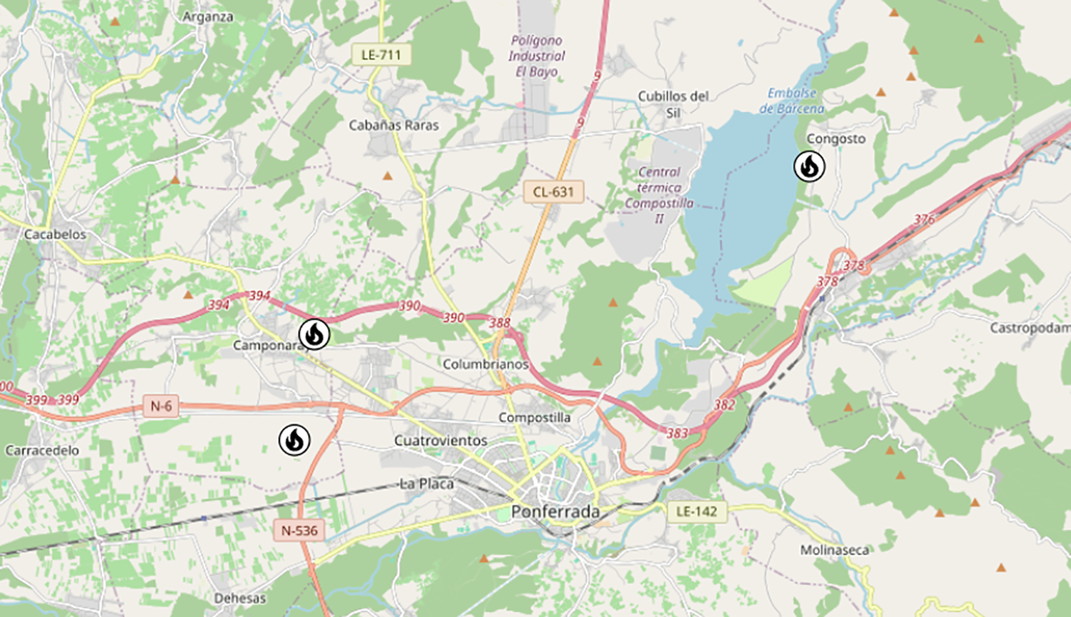 Mapa de los 3 incendios extinguidos ya en la jornada de este lunes