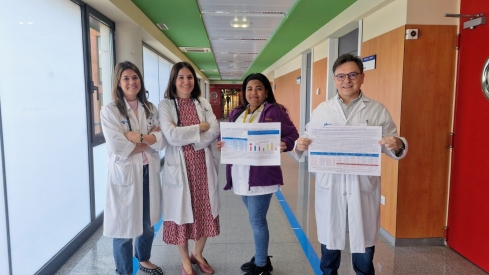 Laura de la Fuente, Emilse Martínez, Delmira Estévez y Favio Aníbal Rojas con los pósteres presentados