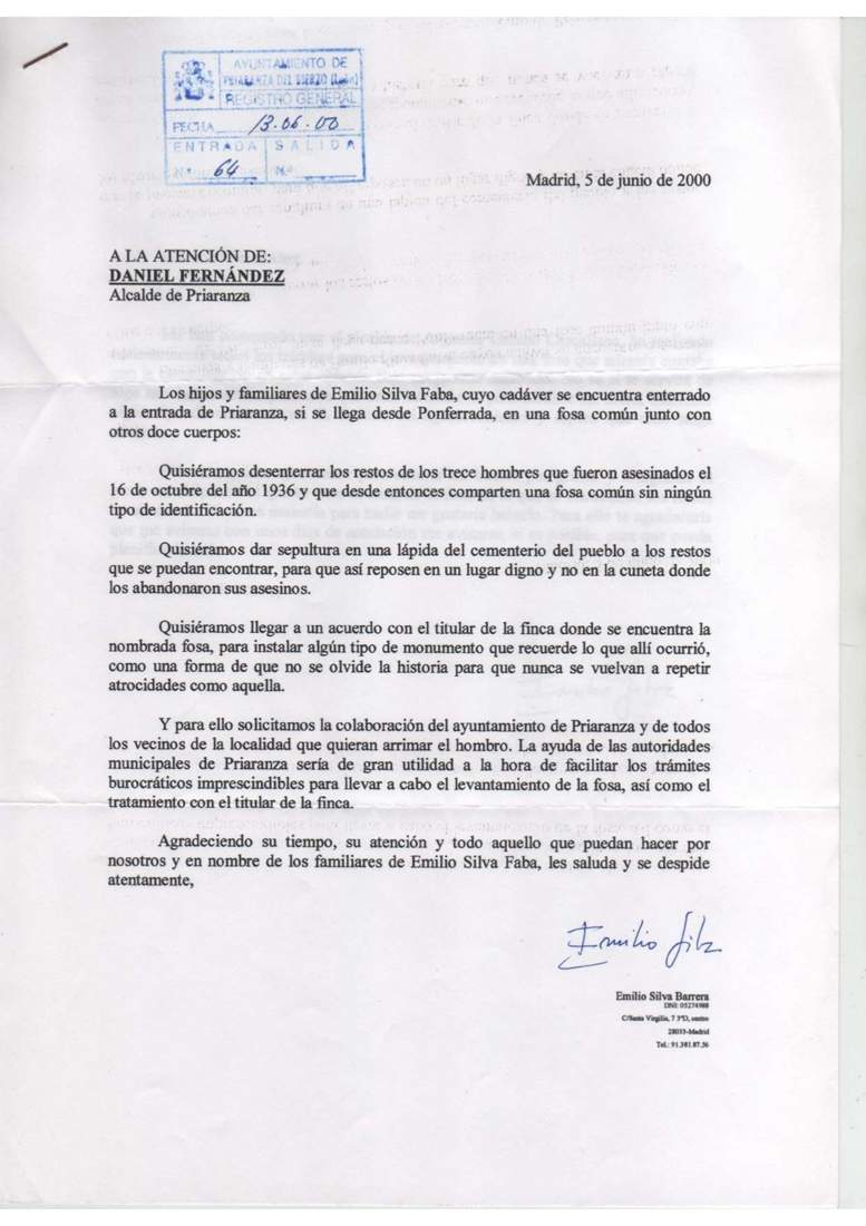 Carta de Emilio ayuntamiento de Priaranza año 2000