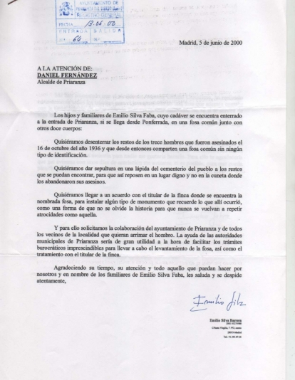 Carta de Emilio ayuntamiento de Priaranza año 2000