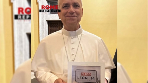 El meme se hizo realidad. El Papa León XIV posa con el cartel de León 14. Foto @romereports_esp, @hectorgalancalvo