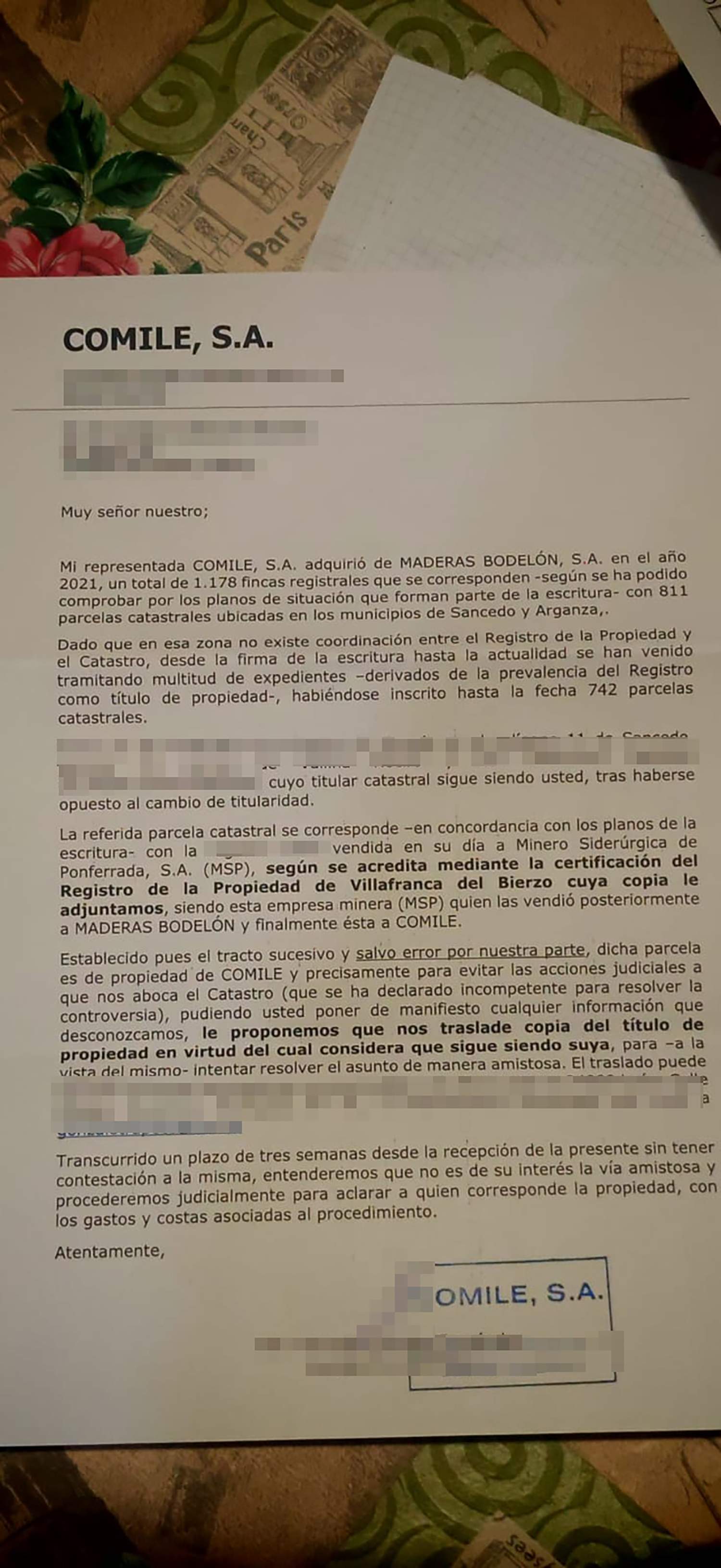 Carta de Comile enviada a los vecinos de Sancedo
