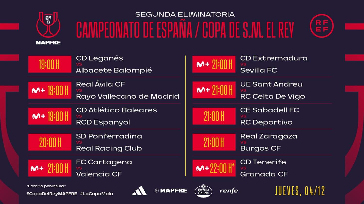 Horarios segunda eliminatoria de Copa del Rey