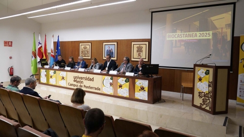 César Sánchez / ICAL . (I a D): El concejal de Medio Ambiente y Desarrollo Rural del Ayuntamiento de Carracedelo, Daniel Franco; la coordinadora de la Junta de Castilla y León en El Bierzo, Rosana Velasco; el presidente del Consejo Comarcal del Bierzo, Olegario Ramón; la vicerrectora del Campus del Bierzo de la ULE, Pilar Marqués; el alcalde de Corullón, Luis Alberto Arias, el Concejal de Medioambiente, Transporte y Movilidad del Ayuntamiento de Ponferrada, Carlos Fernández; y el gerente de la Mesa del Castaño, Pablo Linares, durante la inauguración de Biocastanea 2025