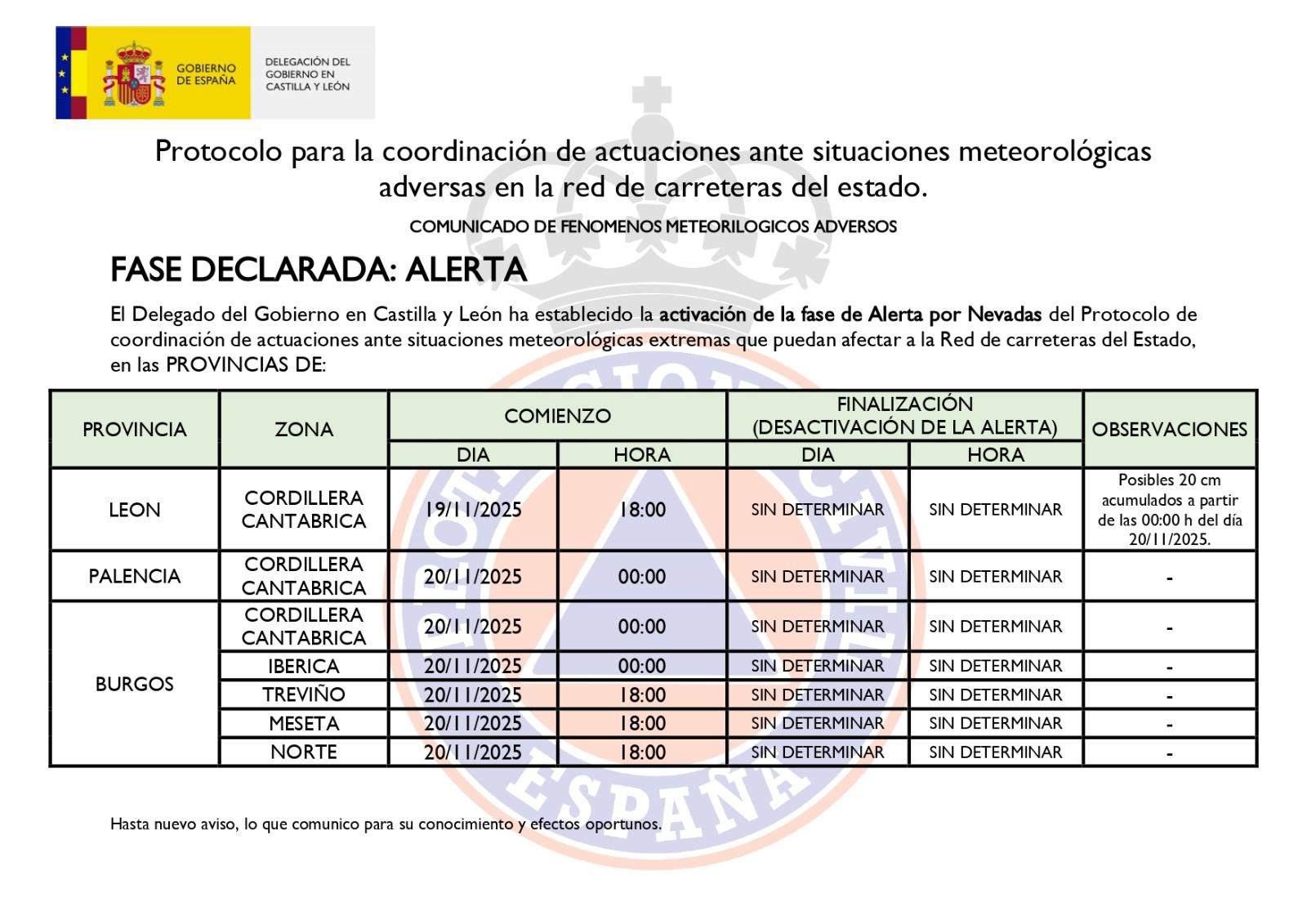 Alerta por condiciones meteorológicas 