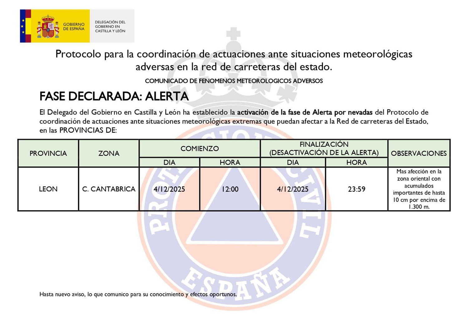 Activación de alerta por nevadas