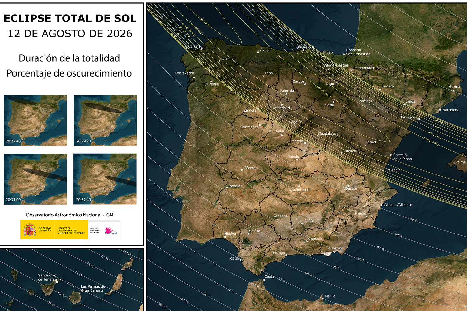Mapa de España con las franjas de visibilidad del eclipse 2026 (IGN)