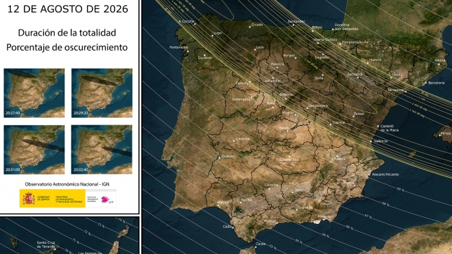 Mapa de España con las franjas de visibilidad del eclipse 2026 (IGN)