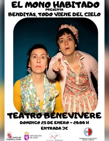 Cartel de la obra Benditas, Todo Viene del Cielo en el Teatro Benevivere Cartel de la obra Benditas, Todo Viene del Cielo en el Teatro Benevivere