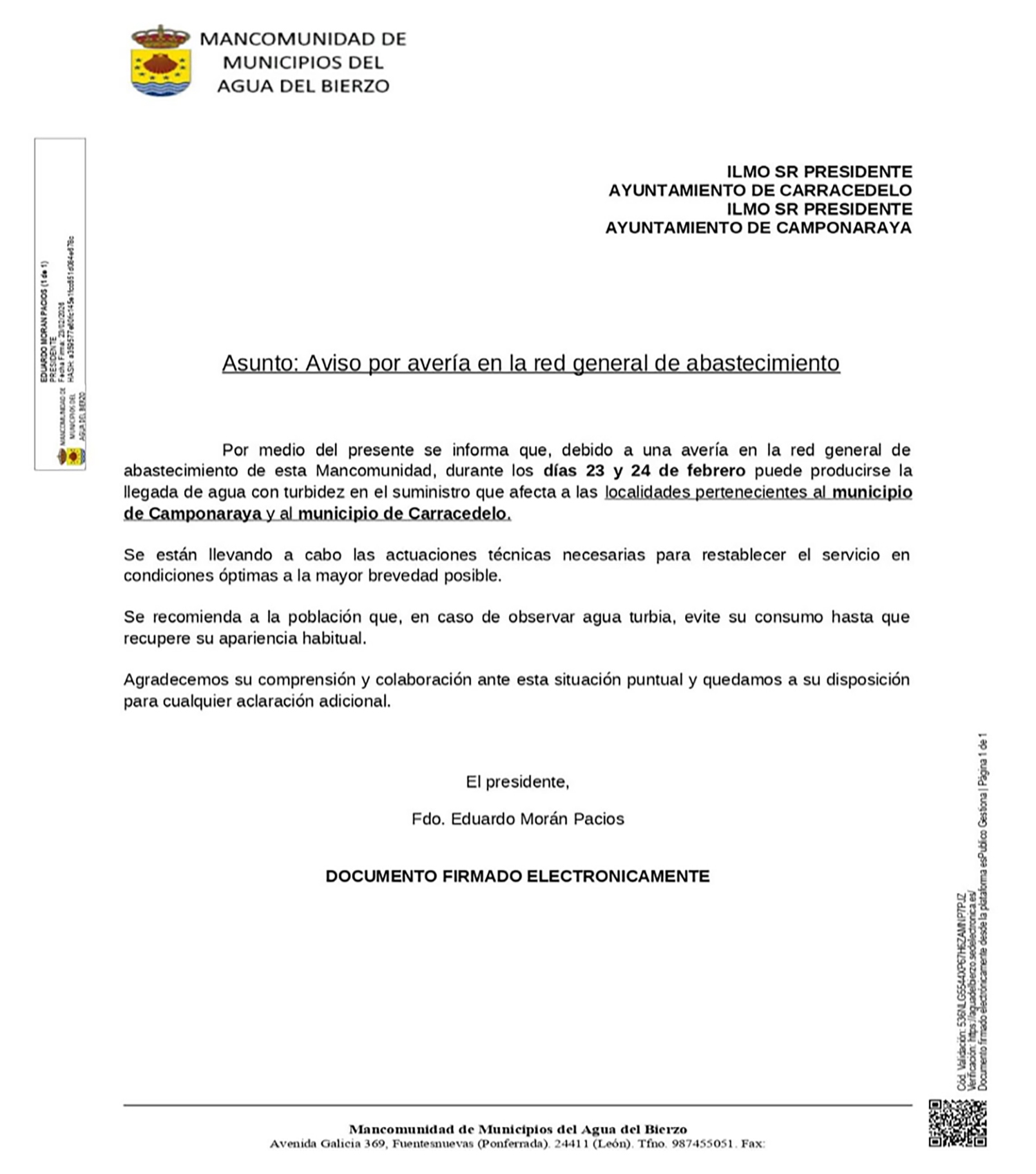 Aviso de la Mancomunidad de Municipios del Agua del Bierzo