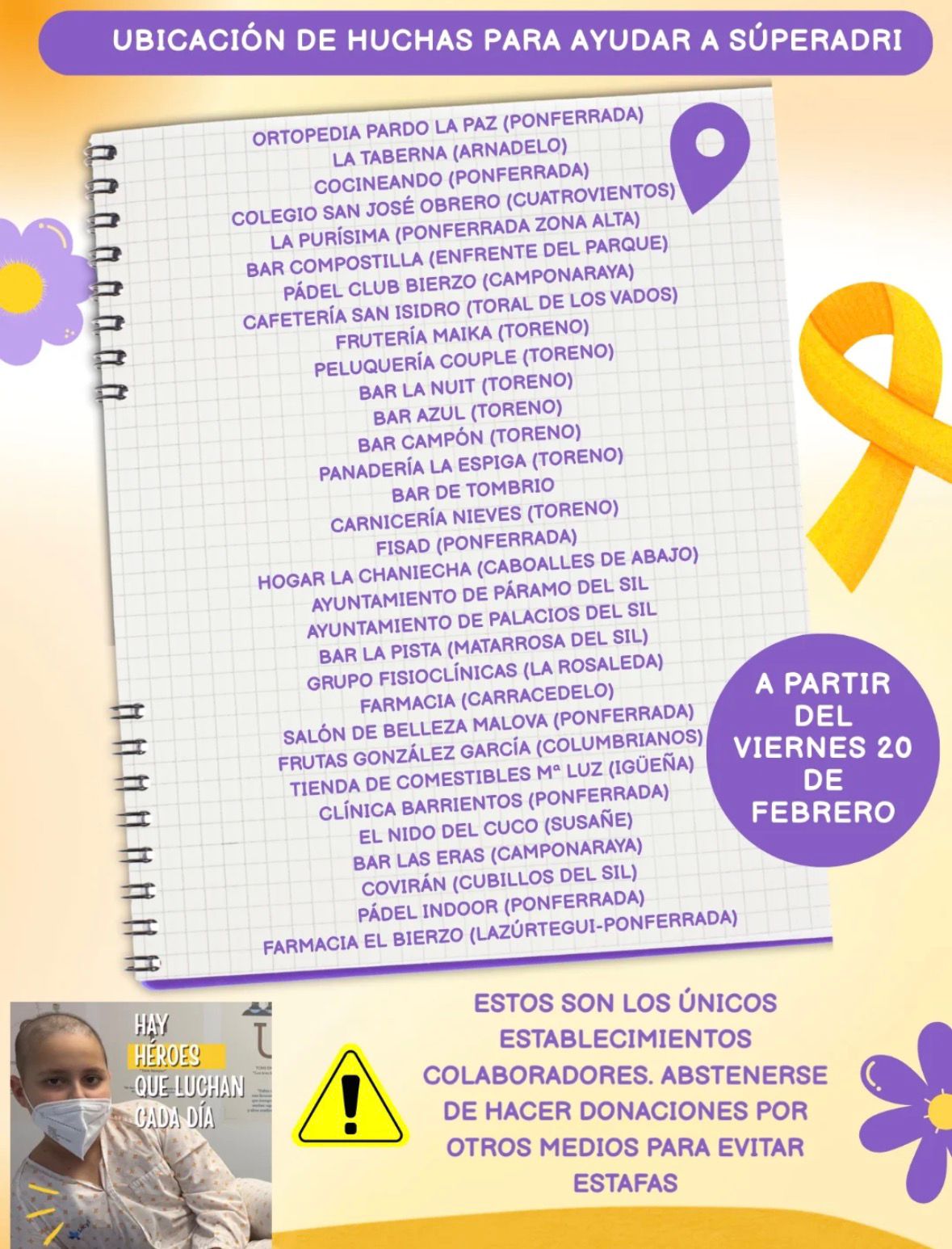 Establecimientos que colaboran en venta de pulseras, rifas y huchas 