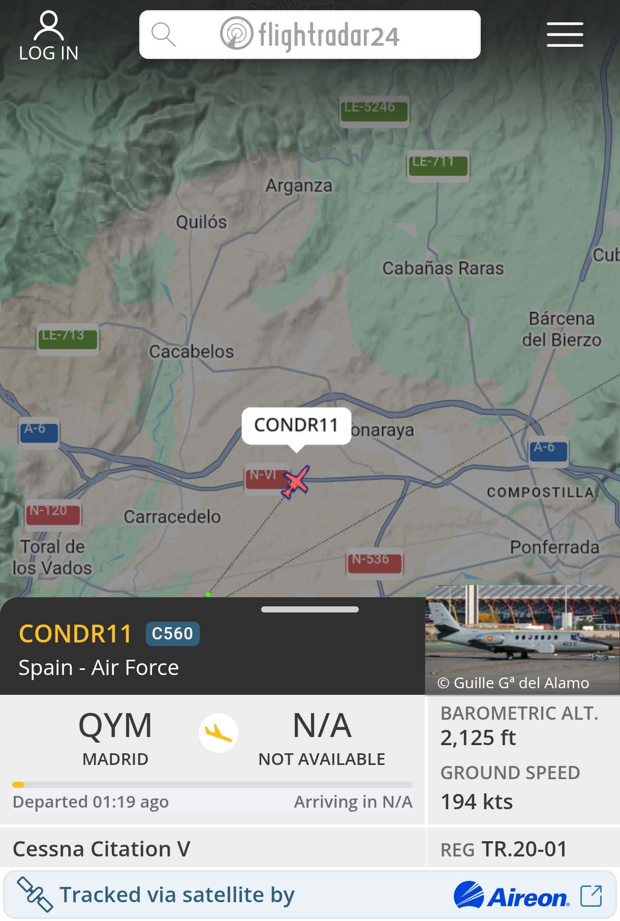 Ruta del avión militar sobrevolando Ponferrada