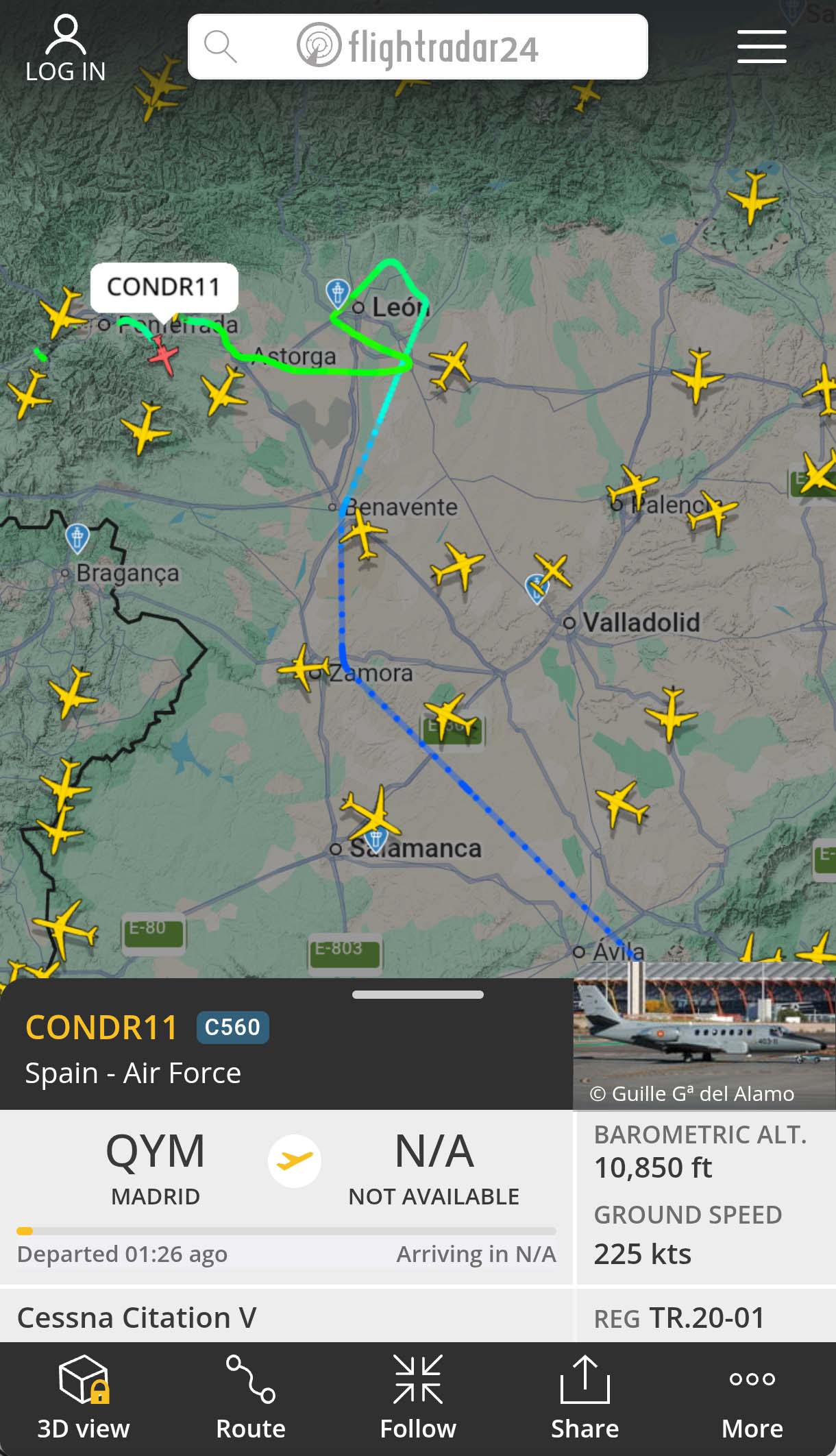 Ruta del avión militar sobrevolando Ponferrada.