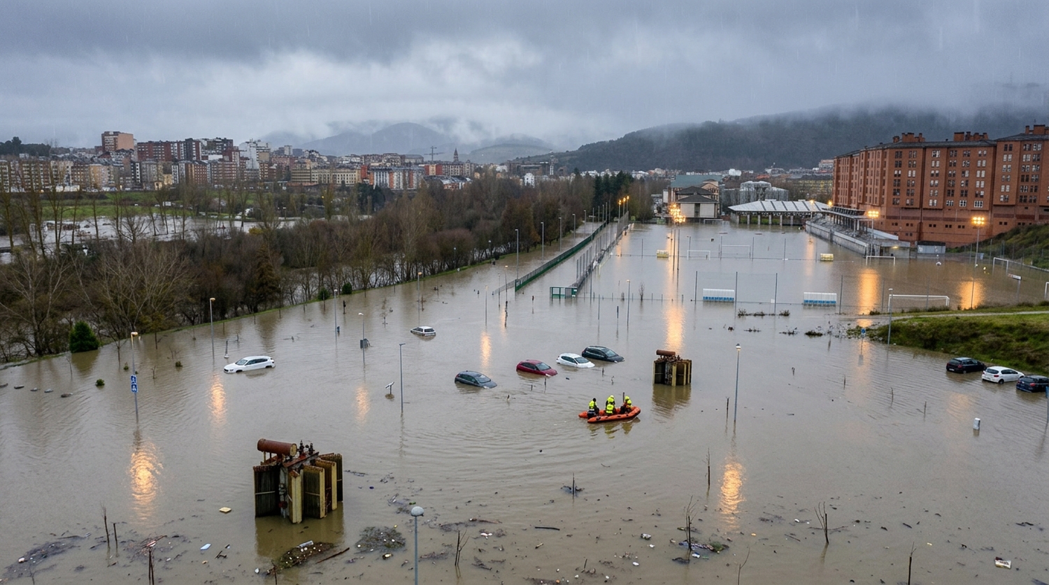 Campos de fútbol de Ponferrada inundados (Imagen generada con IA)