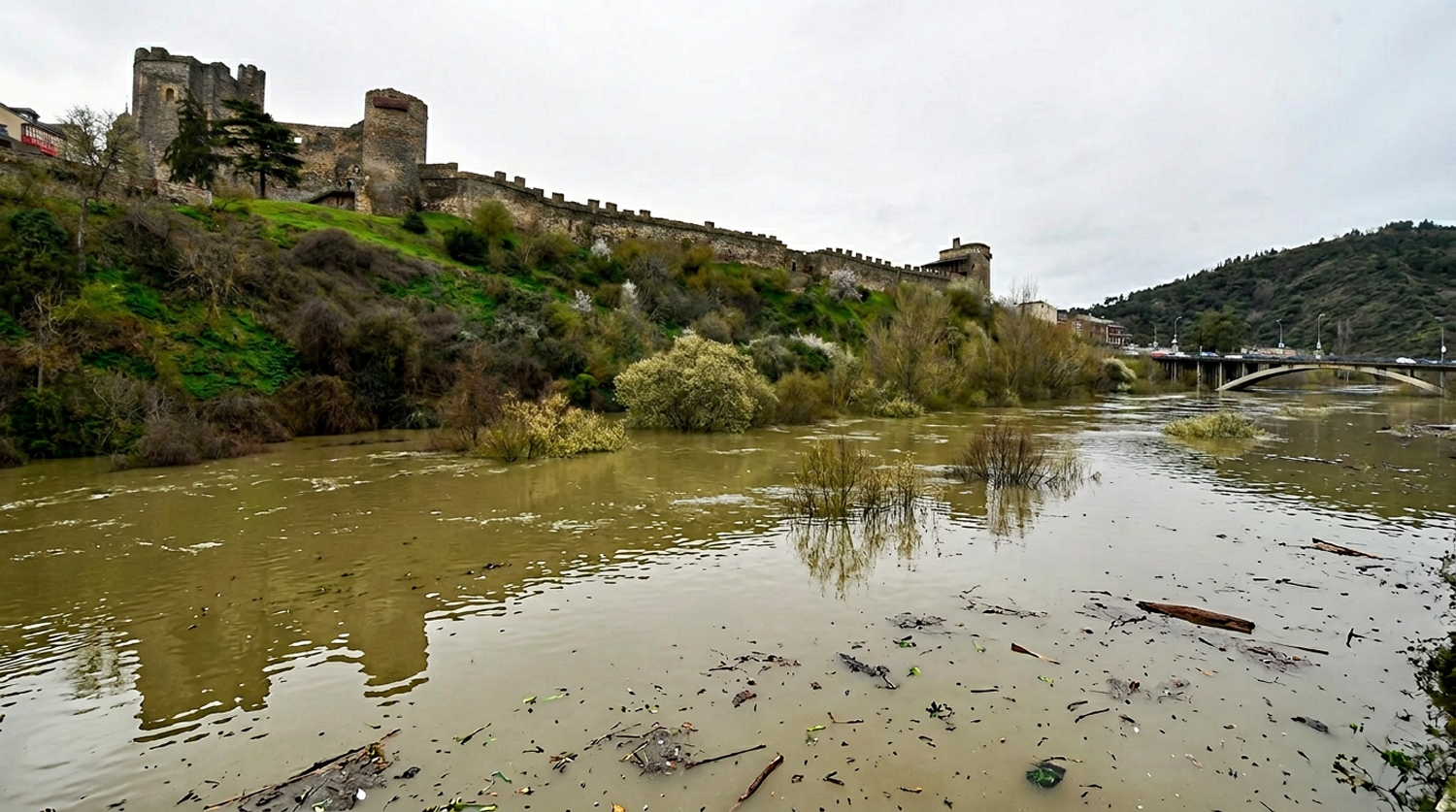 Zona del Castillo de Ponferrada inundada (Imagen generada con IA)