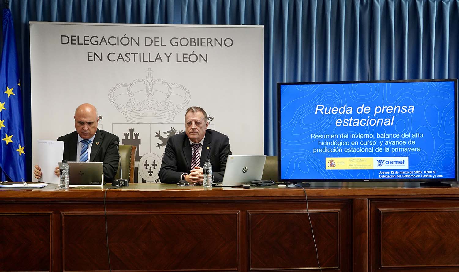 Miriam Chacón / ICAL . El delegado territorial de Aemet en Castilla y León, Manuel Mora, acompañado del subdelegado del Gobierno en Valladolid, Jacinto Canales, informan sobre la predicción estacional para la primavera en Castilla y León.