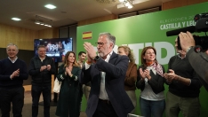 Eduardo Margareto / ICAL . El candidato de VOX a la presidencia de Castilla y León, Carlos Pollán, en el  AC Hotel Palacio de Santa Ana, Arroyo de la Encomienda (Valladolid) donde ha seguido el resultado de las elecciones